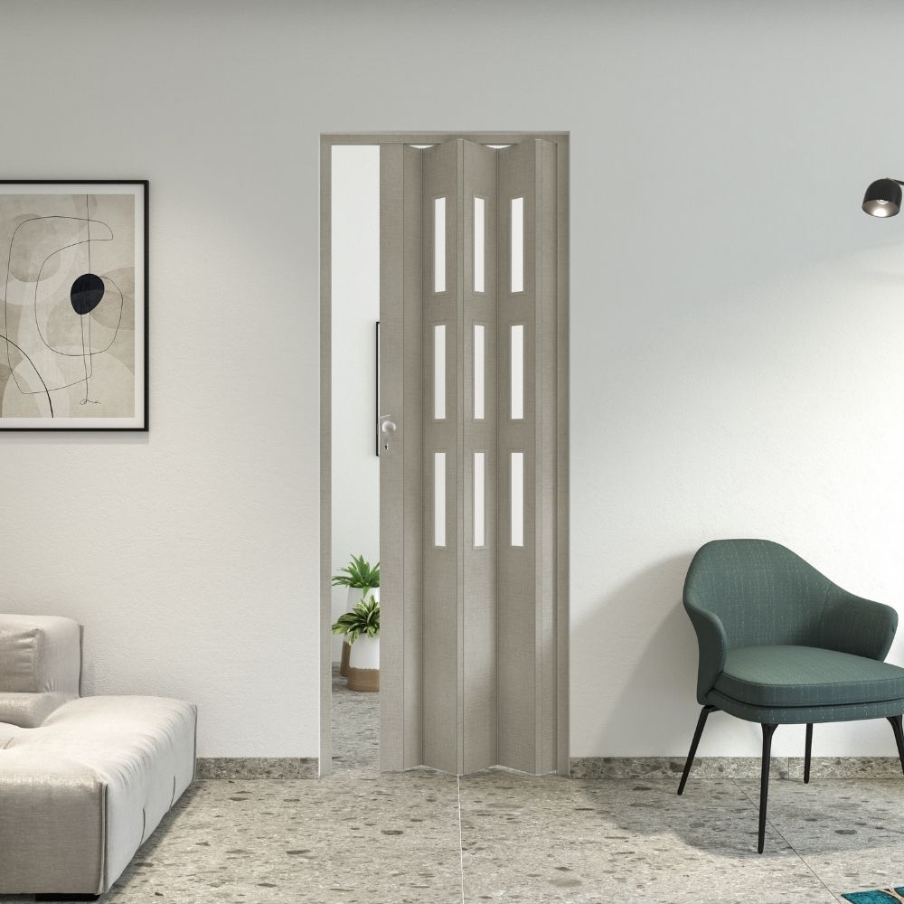 Fortesrl Maya Tessuto Grigio vouwdeur met gesatineerde glaspanelen 83x214 cm – luxe grijze PVC vouwdeur